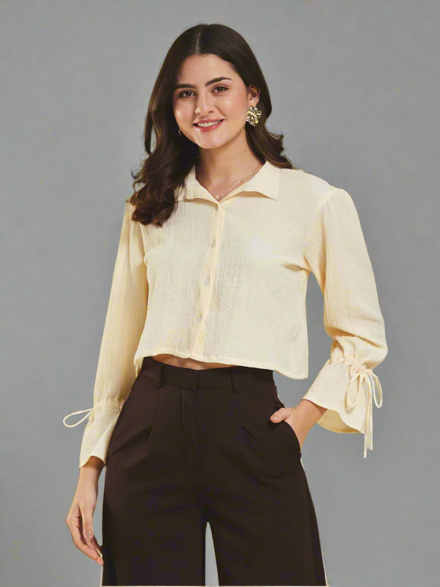Women's Off White Plain Crop Casual shirt With ballon sleeve