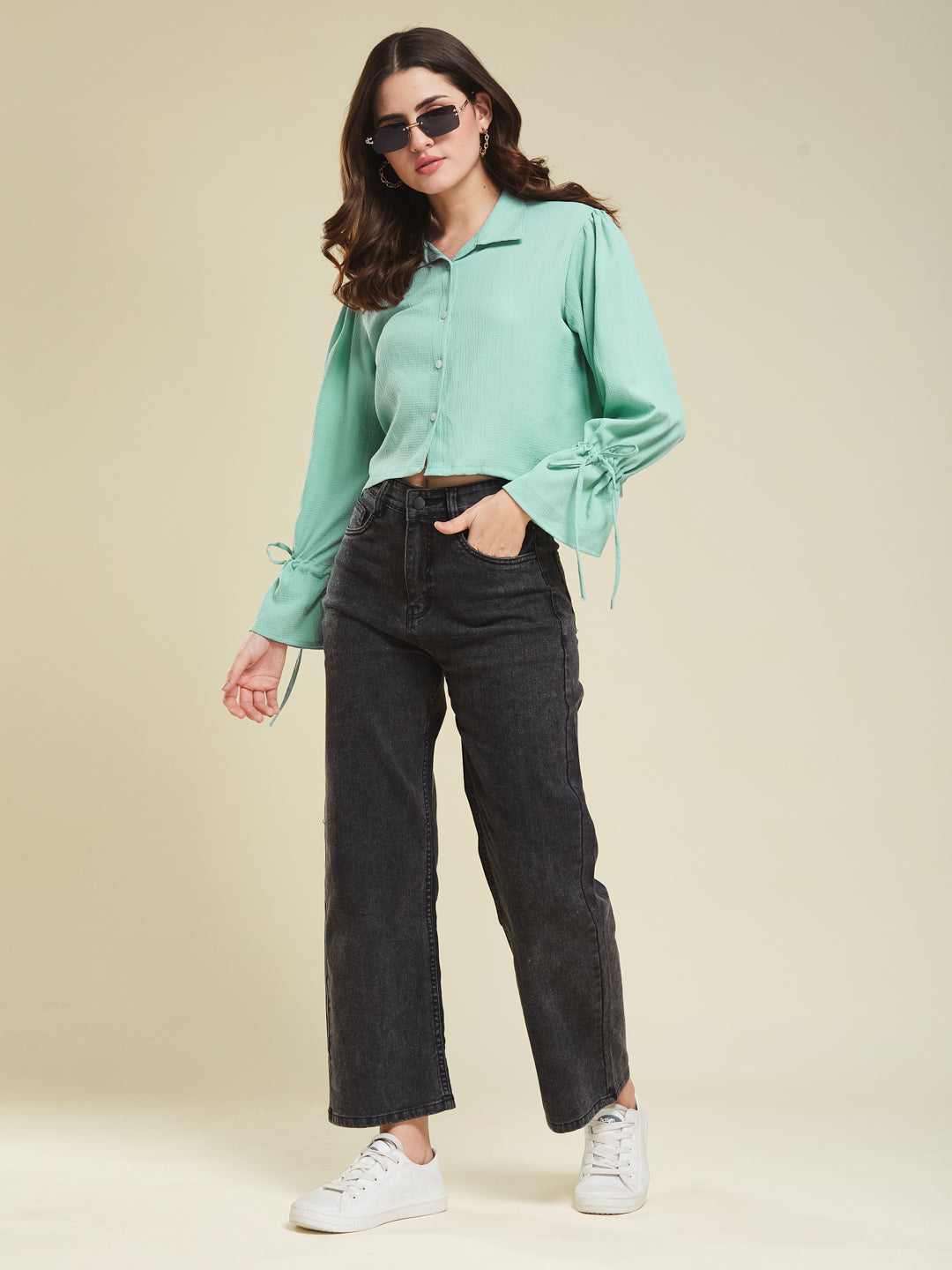 Women's Mint Plain Crop Casual shirt With ballon sleeve