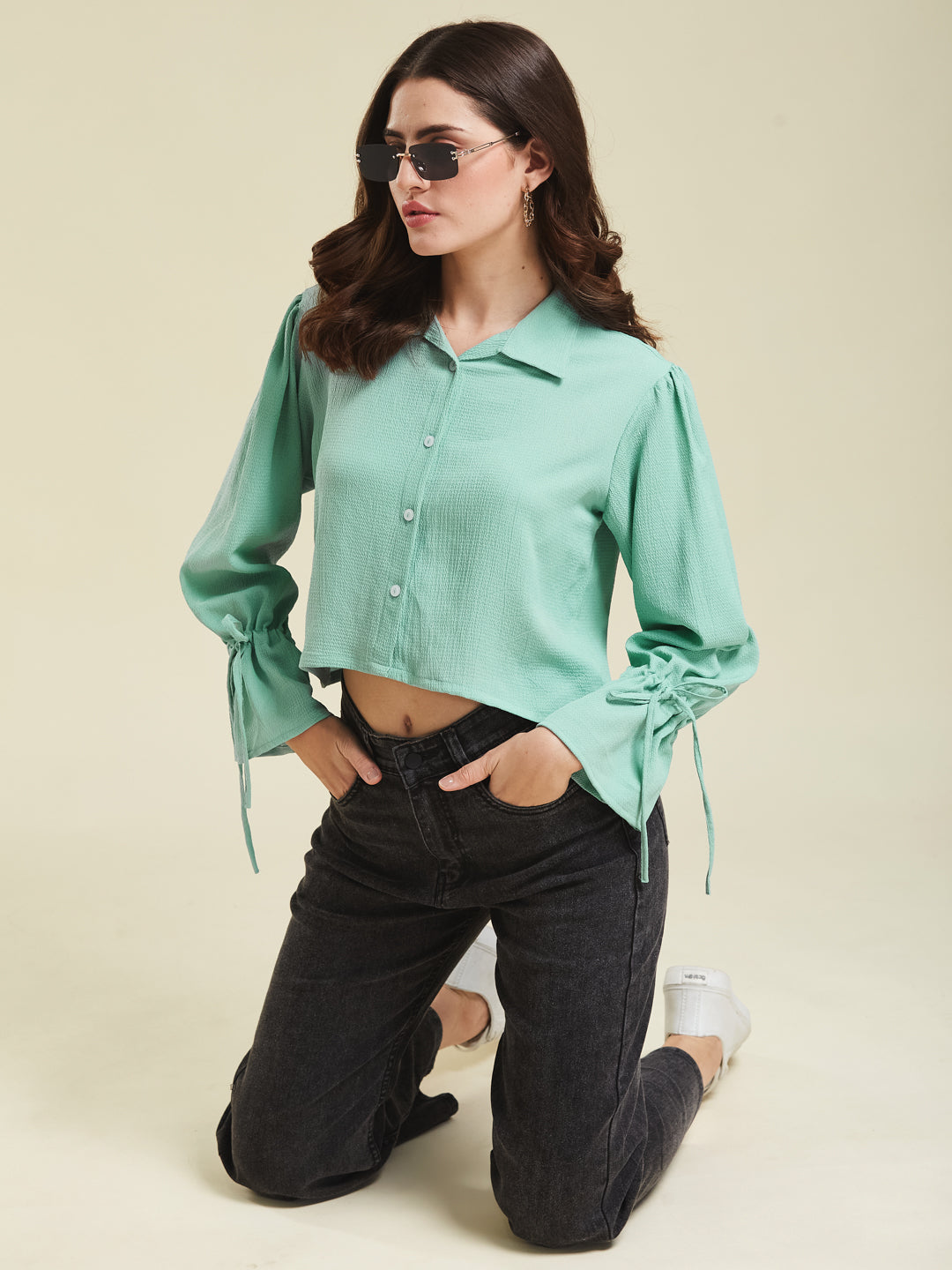 Women's Mint Plain Crop Casual shirt With ballon sleeve