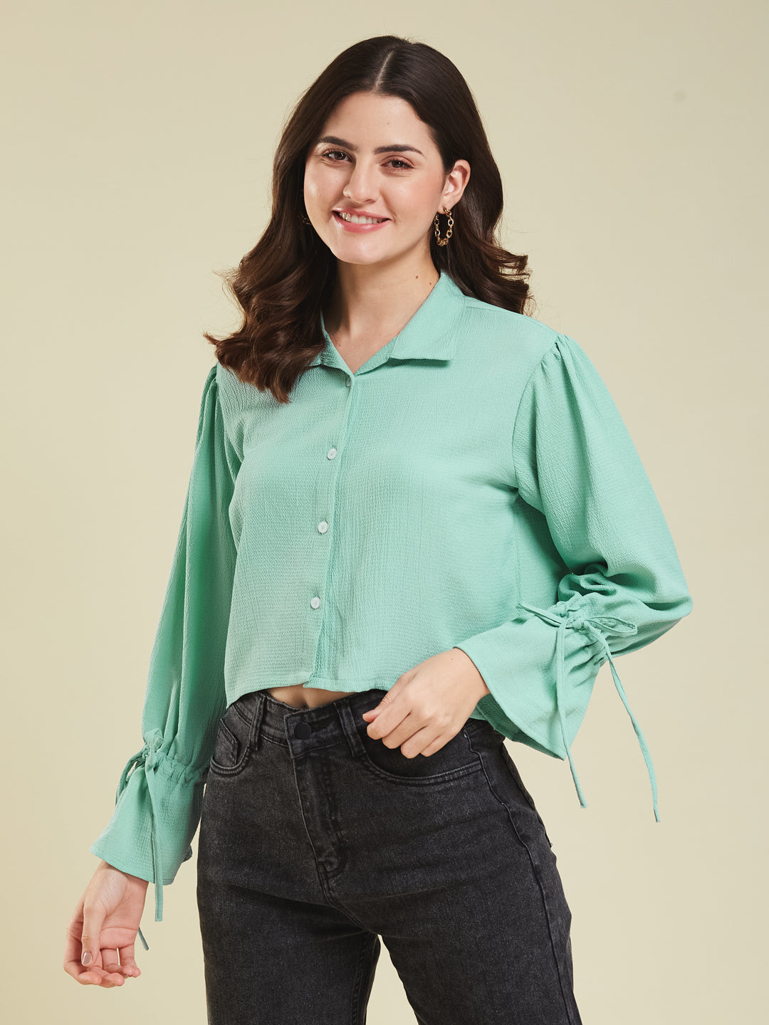 Women's Mint Plain Crop Casual shirt With ballon sleeve