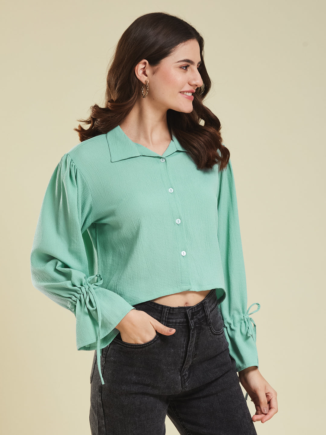 Women's Mint Plain Crop Casual shirt With ballon sleeve