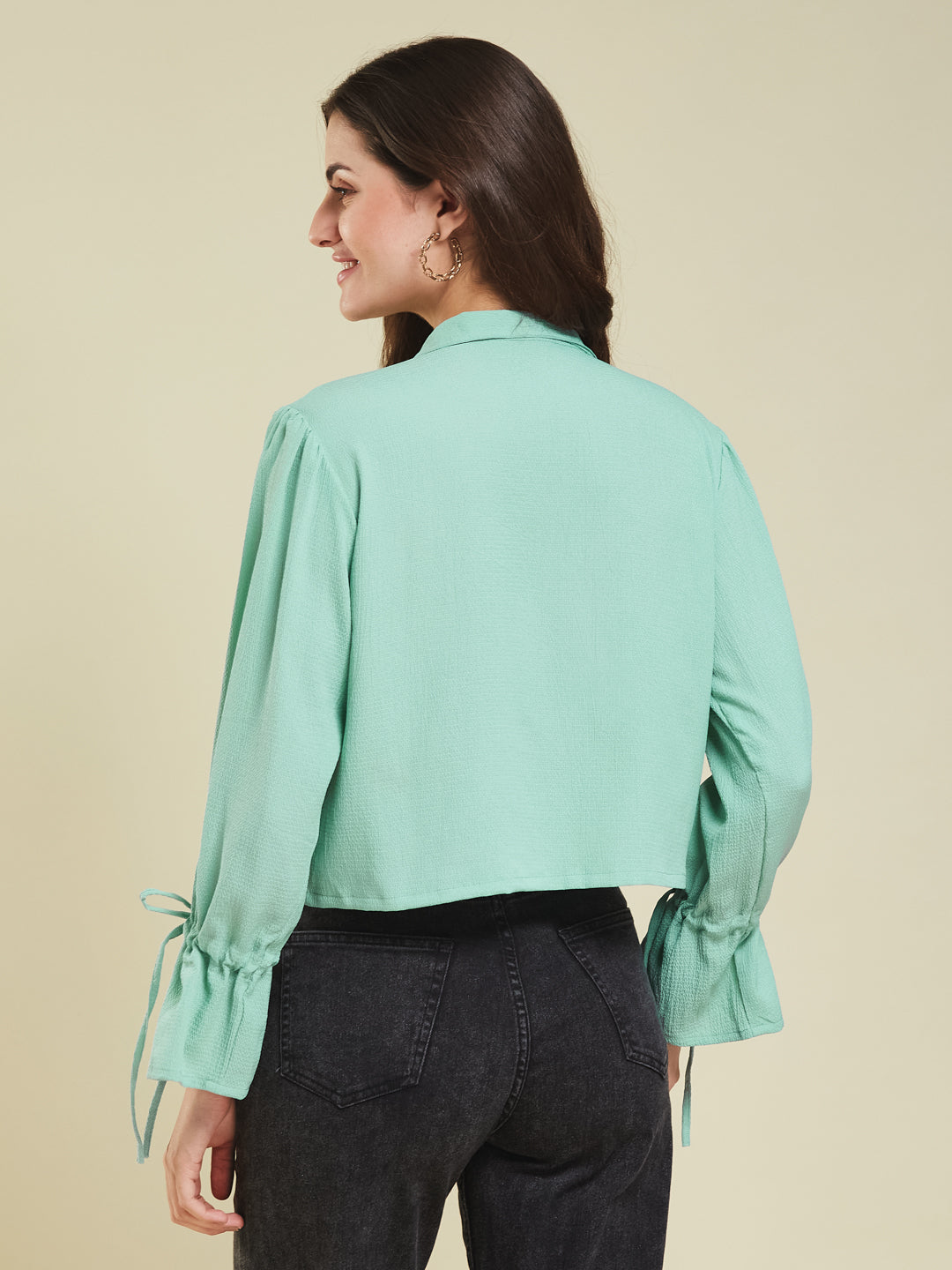 Women's Mint Plain Crop Casual shirt With ballon sleeve