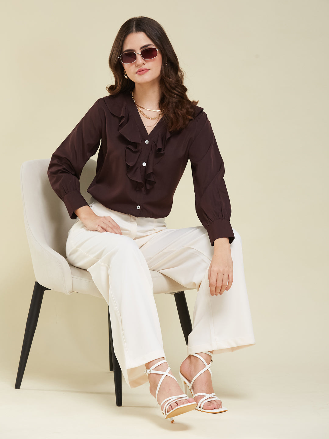 Women's Coffee Polyester Plain Regular Full sleeve Shirt