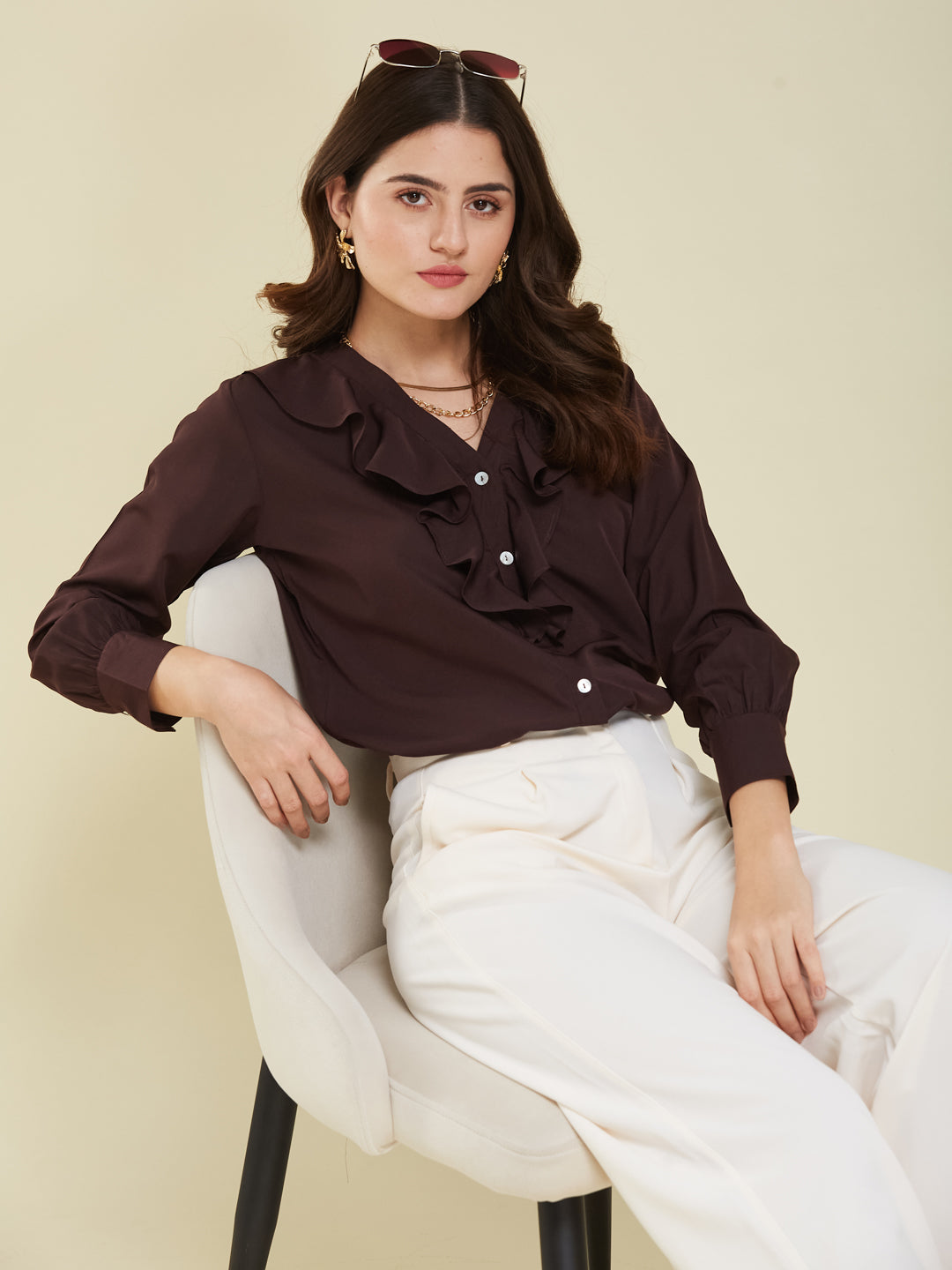 Women's Coffee Polyester Plain Regular Full sleeve Shirt