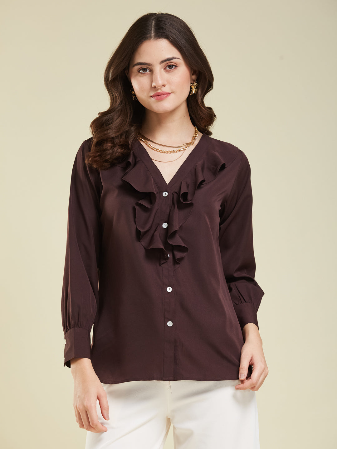 Women's Coffee Polyester Plain Regular Full sleeve Shirt