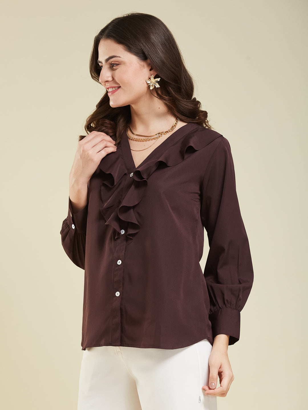 Women's Coffee Polyester Plain Regular Full sleeve Shirt