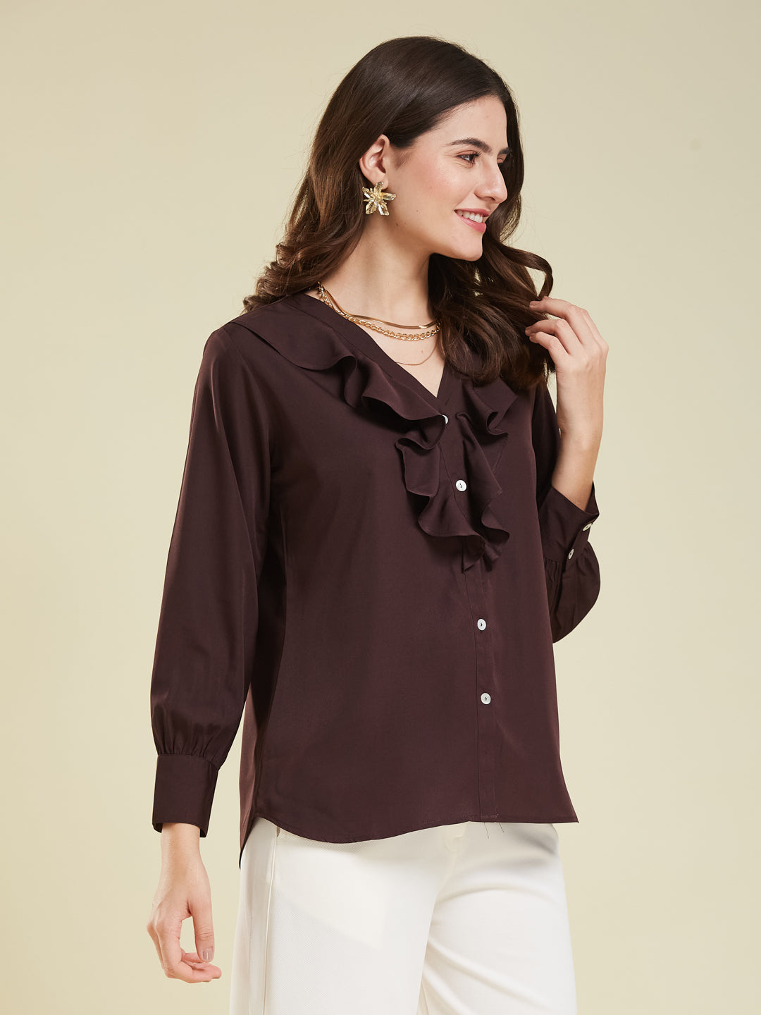 Women's Coffee Polyester Plain Regular Full sleeve Shirt