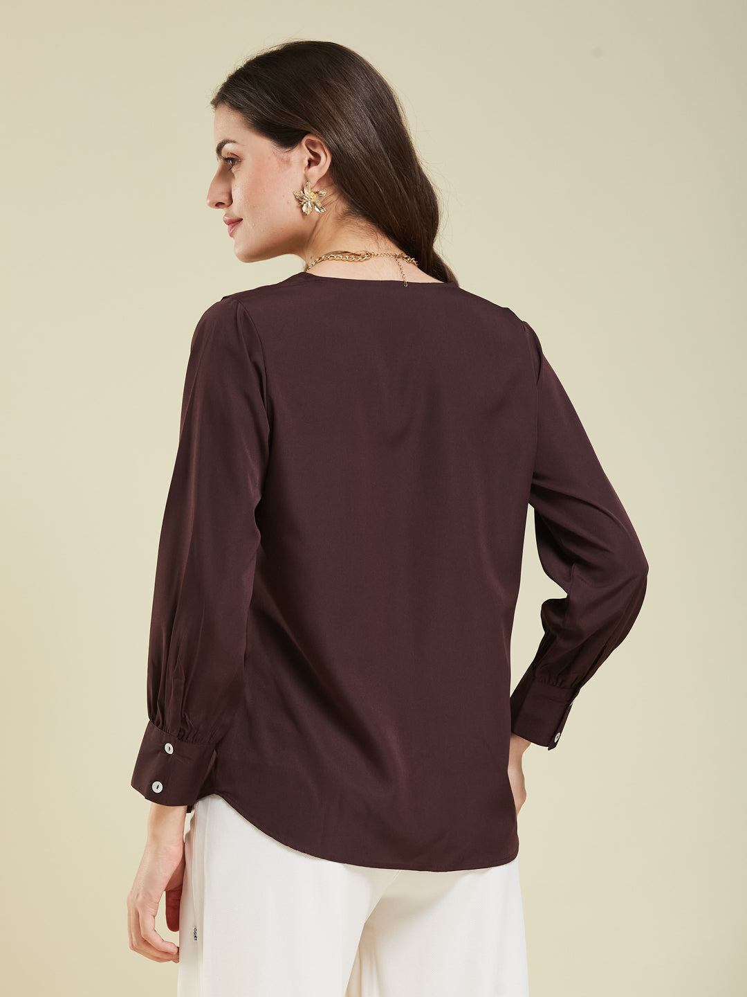 Women's Coffee Polyester Plain Regular Full sleeve Shirt