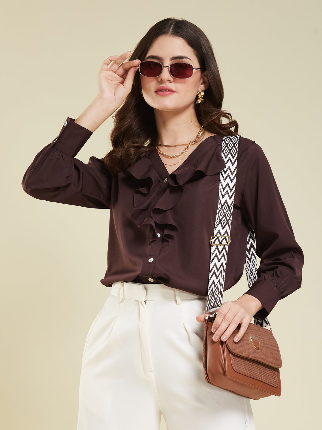 Women's Coffee Polyester Plain Regular Full sleeve Shirt