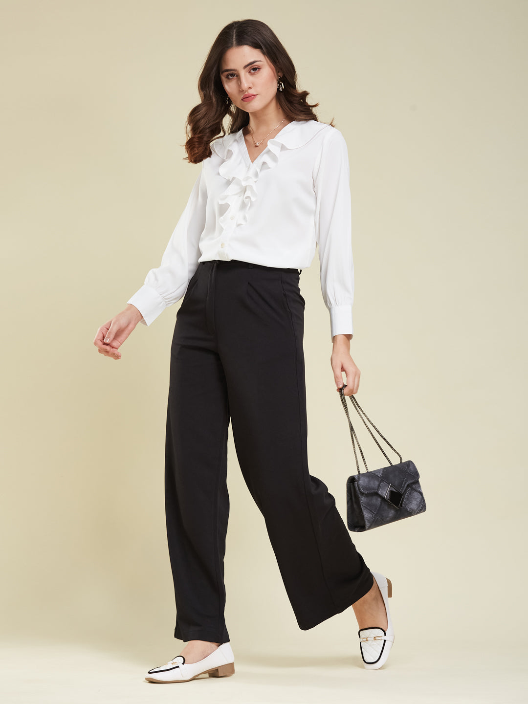 Women's White Polyester Plain Regular Full sleeve Shirt