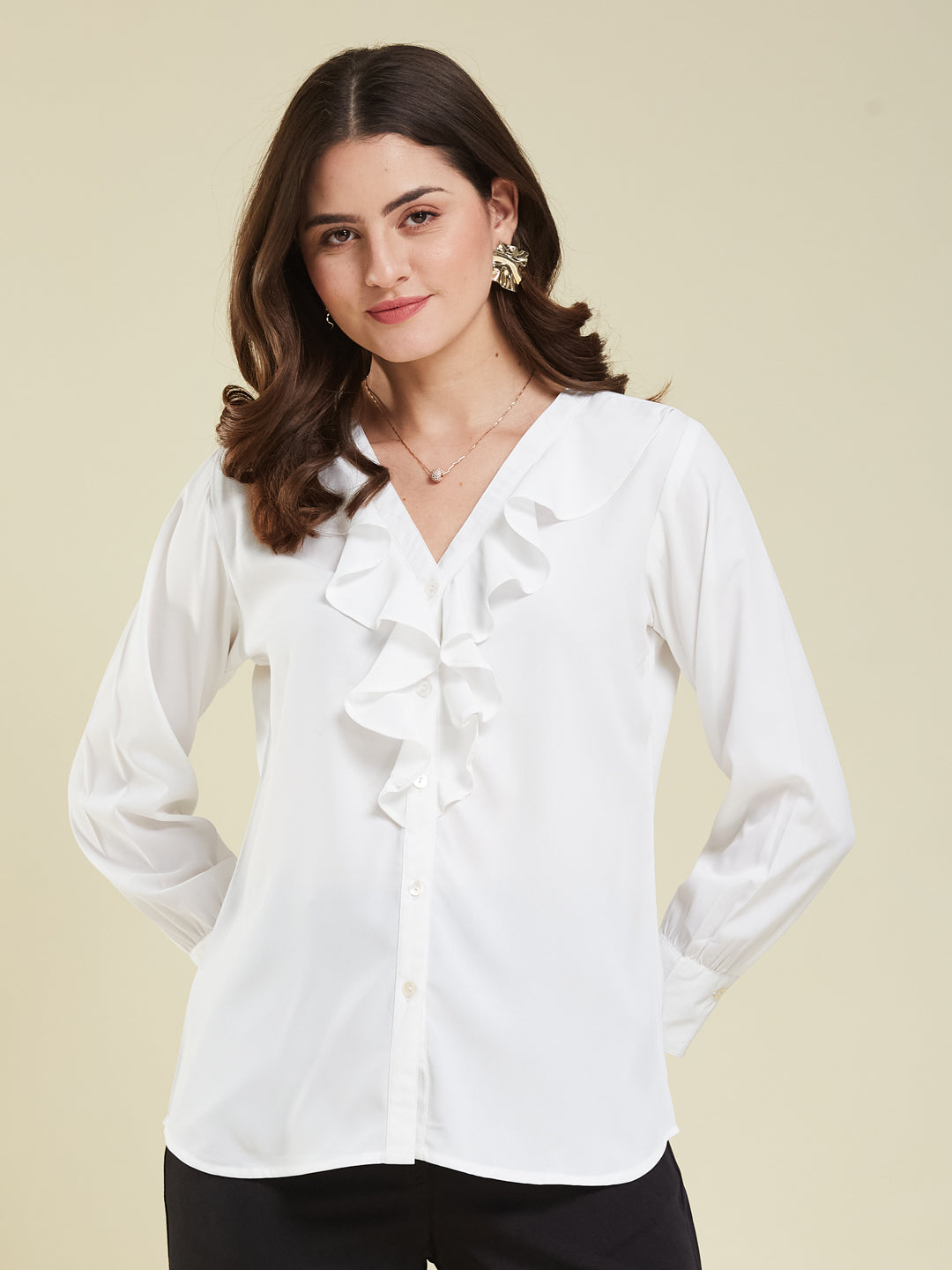 Women's White Polyester Plain Regular Full sleeve Shirt