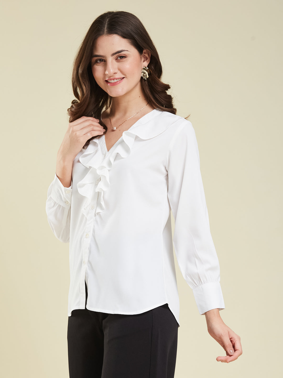 Women's White Polyester Plain Regular Full sleeve Shirt