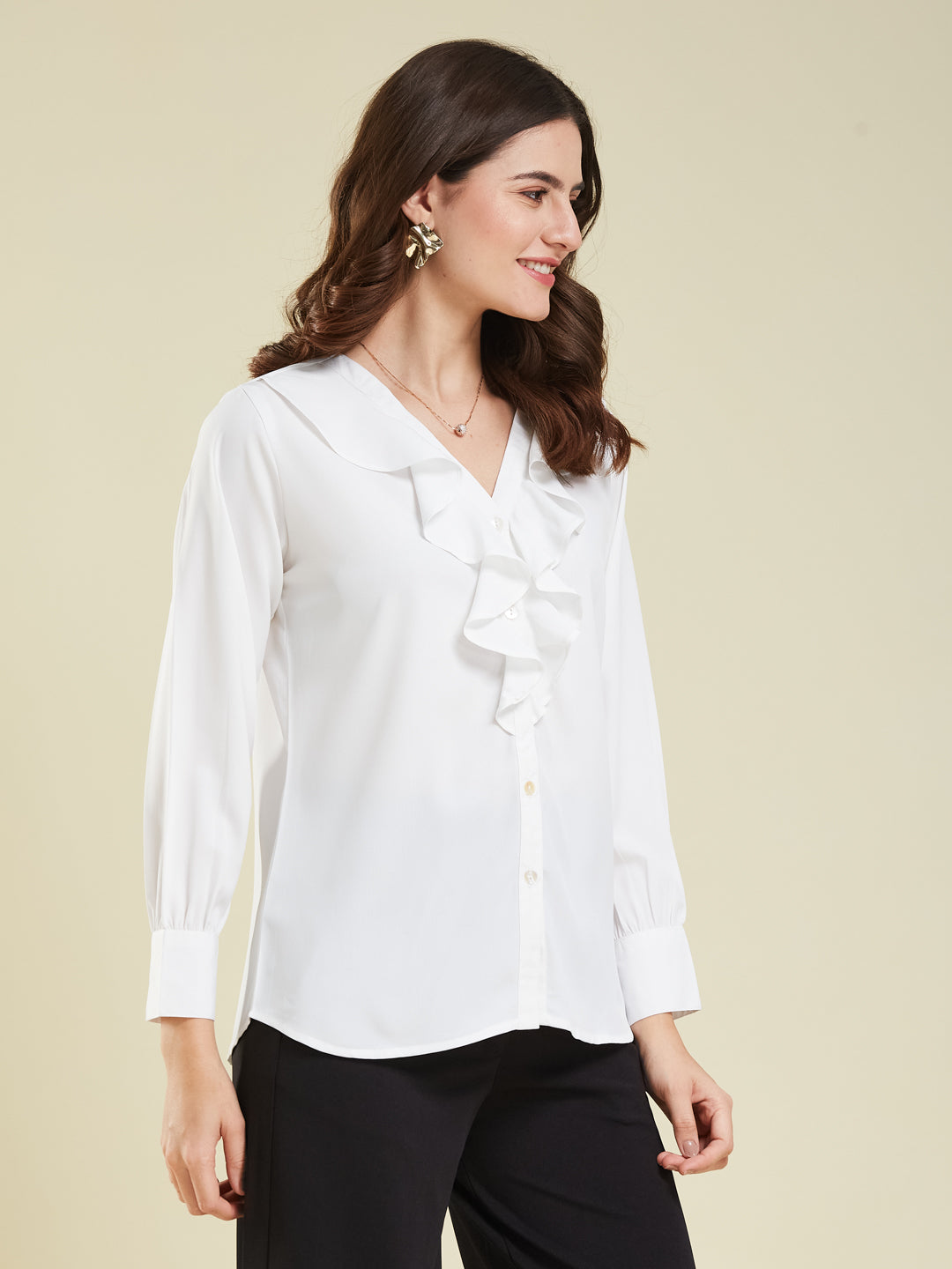 Women's White Polyester Plain Regular Full sleeve Shirt