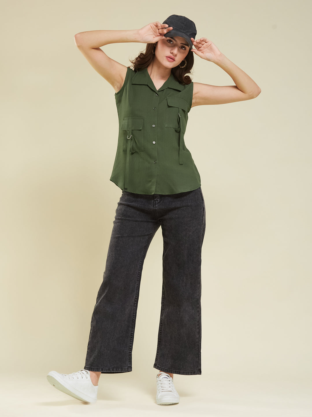 Women Olive Viscose Blend Plain Regular Sleeveless Shirt