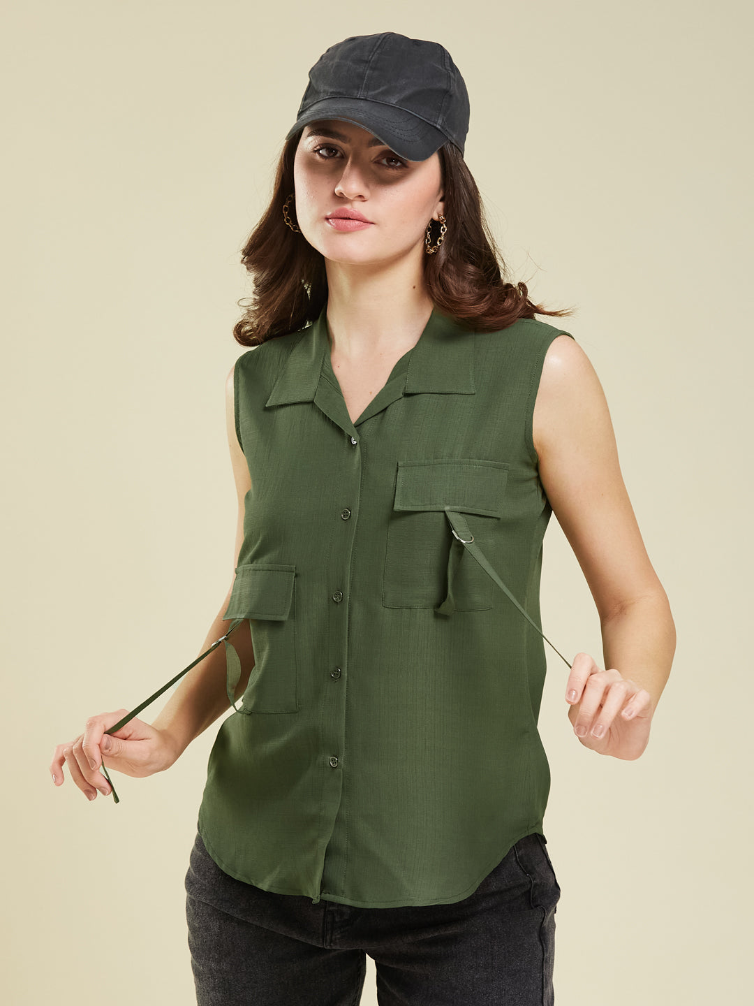 Women Olive Viscose Blend Plain Regular Sleeveless Shirt