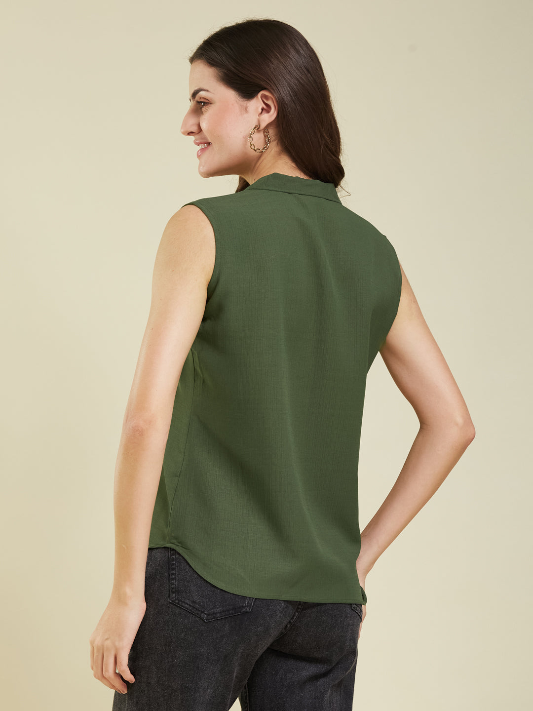 Women Olive Viscose Blend Plain Regular Sleeveless Shirt