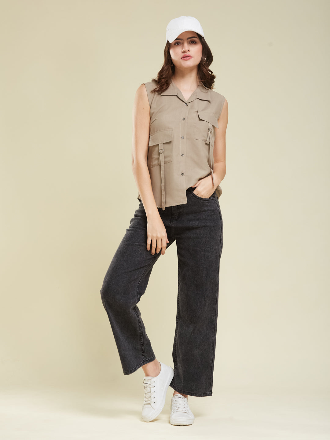 Women Beige Viscose Blend Plain Regular Sleeveless Shirt