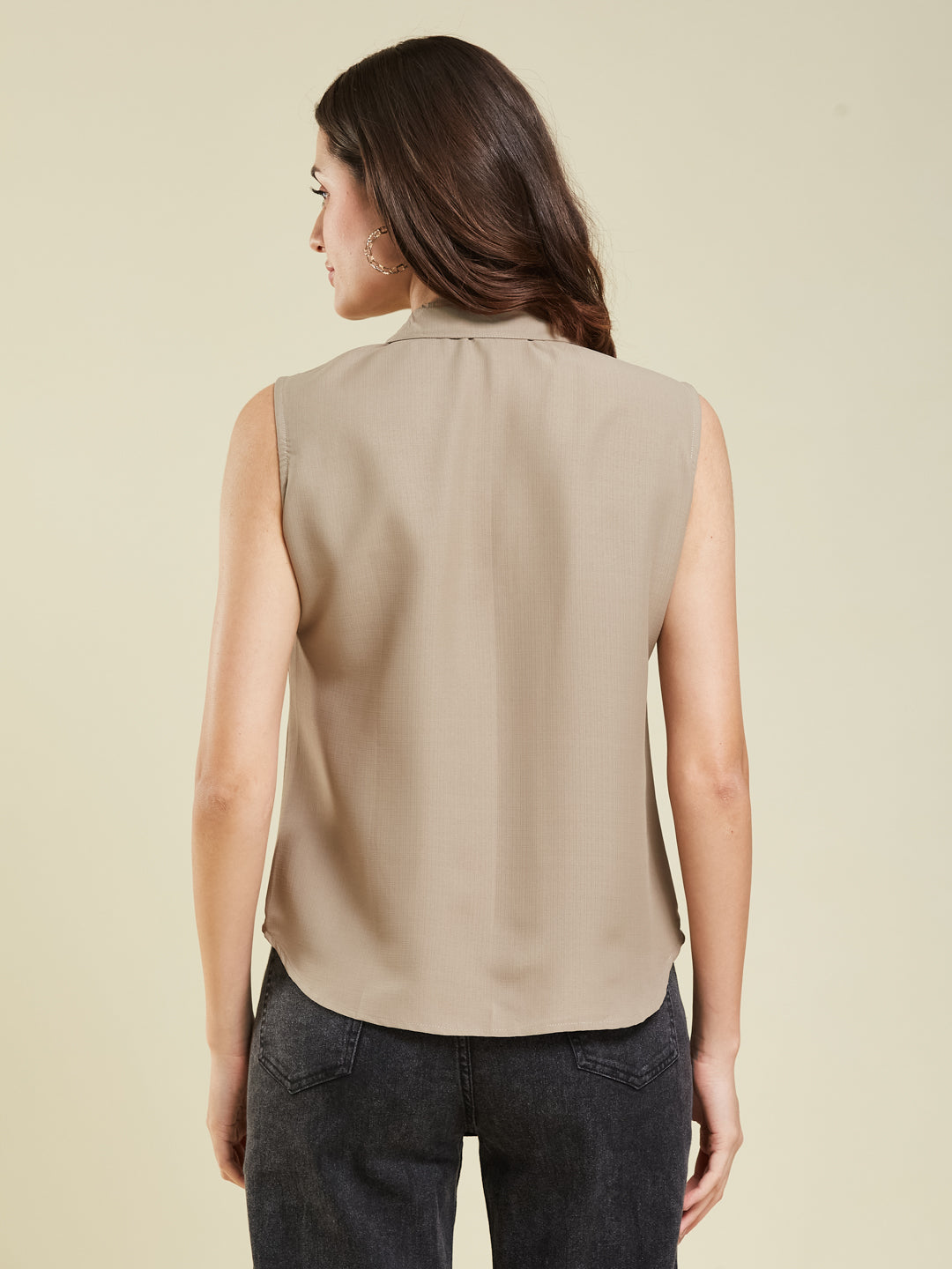Women Beige Viscose Blend Plain Regular Sleeveless Shirt
