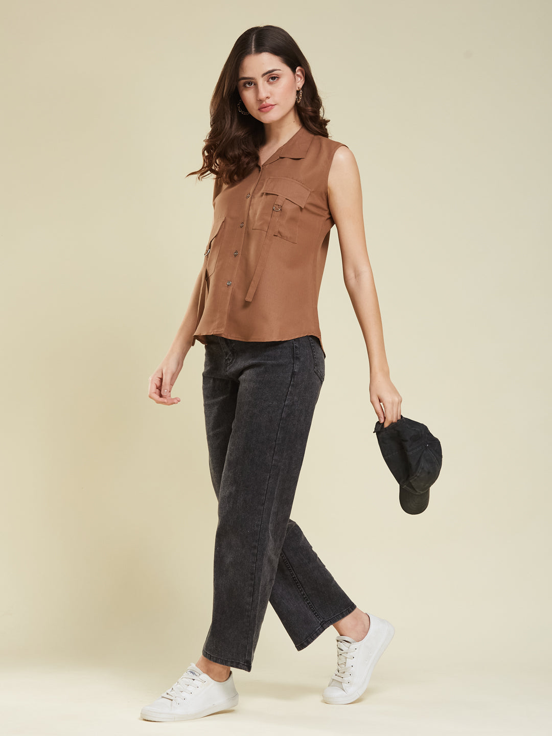 Women Caramel Viscose Blend Plain Regular Sleeveless Shirt