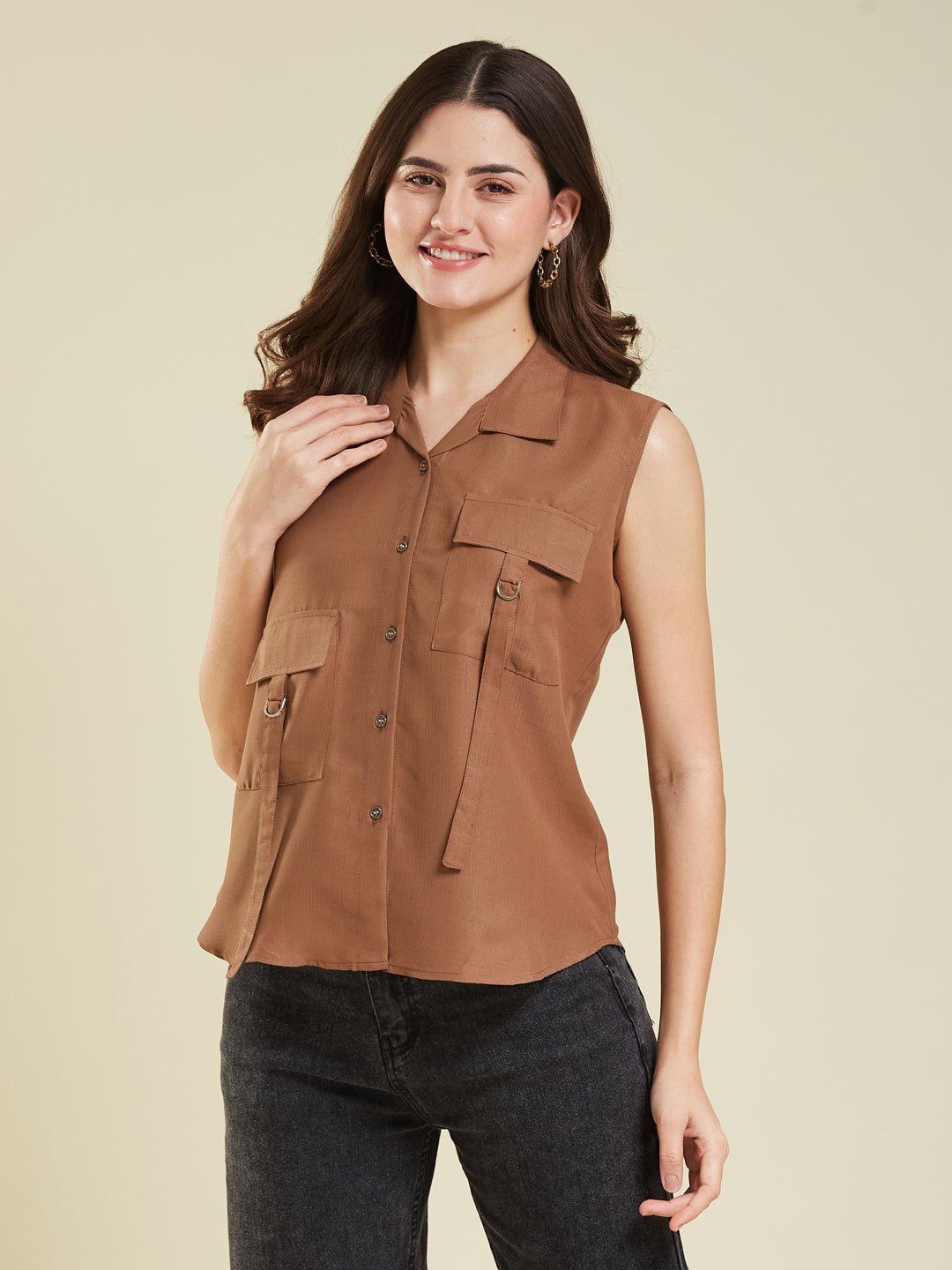 Women Caramel Viscose Blend Plain Regular Sleeveless Shirt