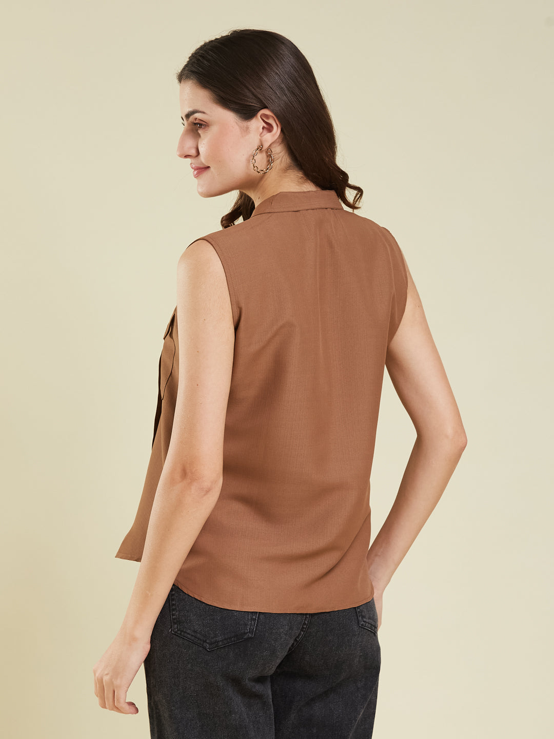 Women Caramel Viscose Blend Plain Regular Sleeveless Shirt