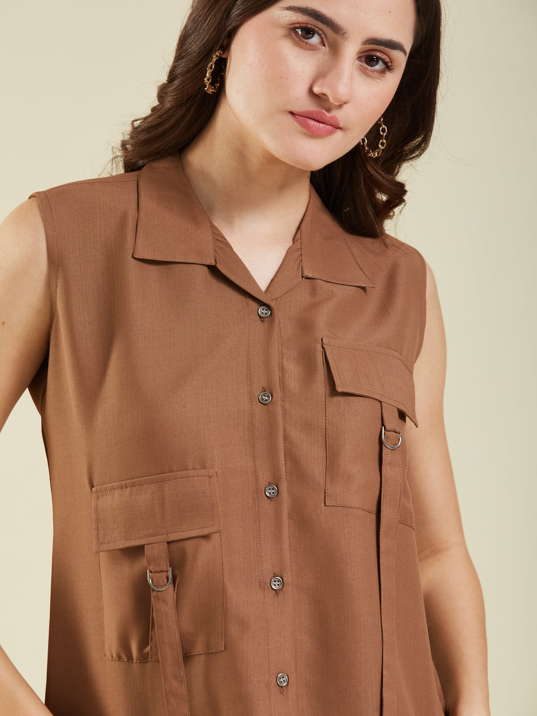 Women Caramel Viscose Blend Plain Regular Sleeveless Shirt