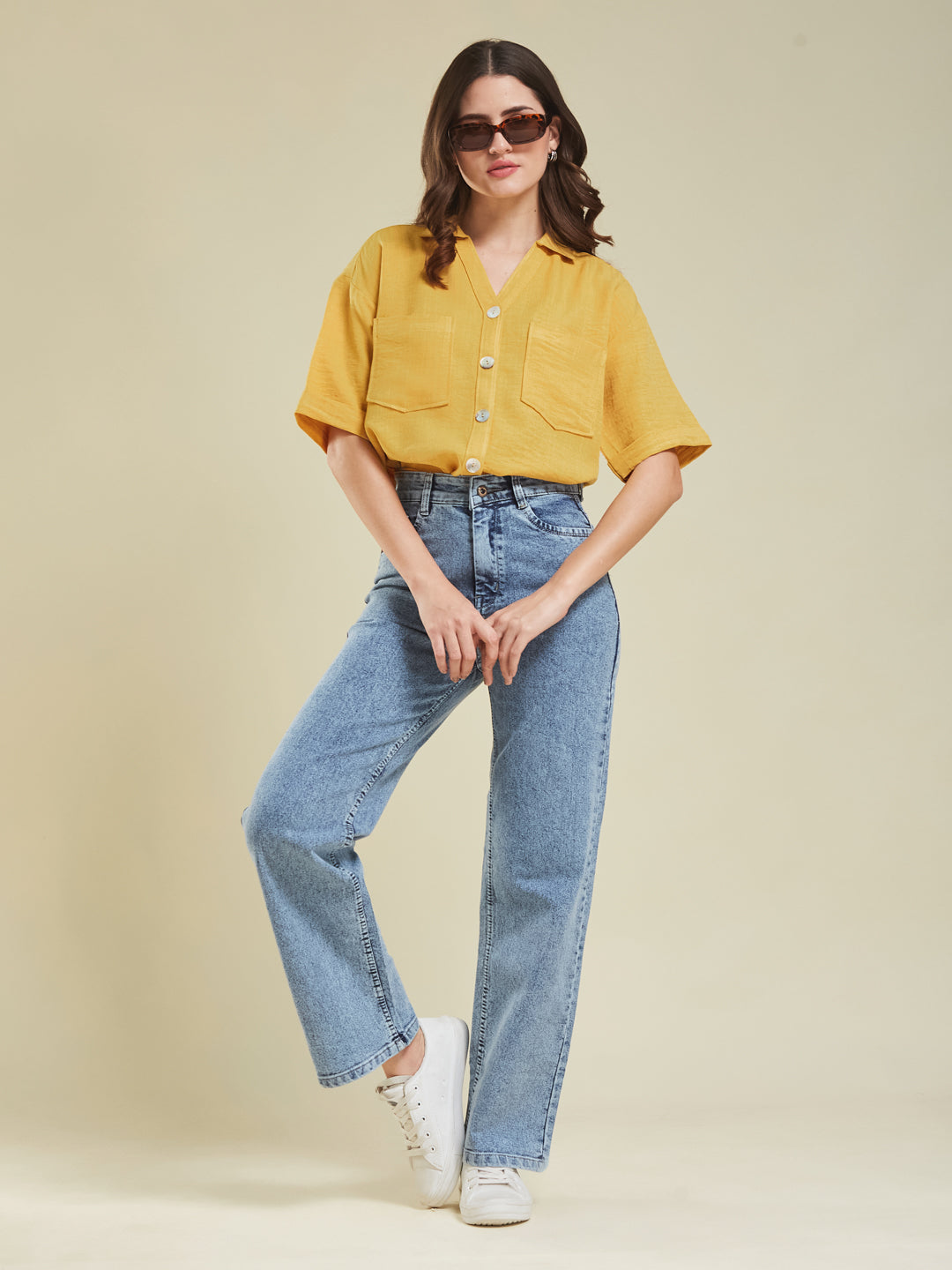 Women Yellow Cotton Blend Plain Regular Half Sleeve Shirt