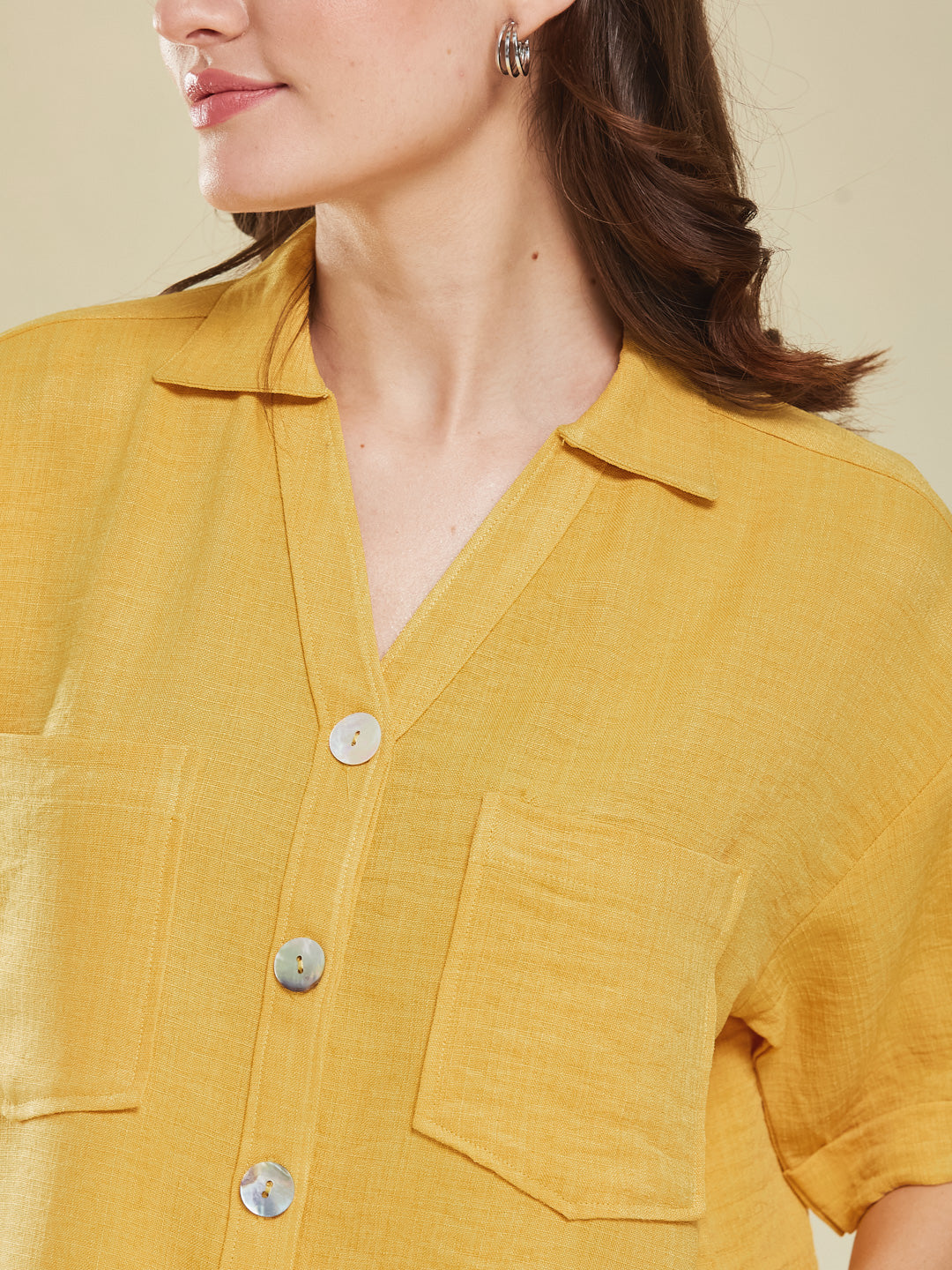 Women Yellow Cotton Blend Plain Regular Half Sleeve Shirt