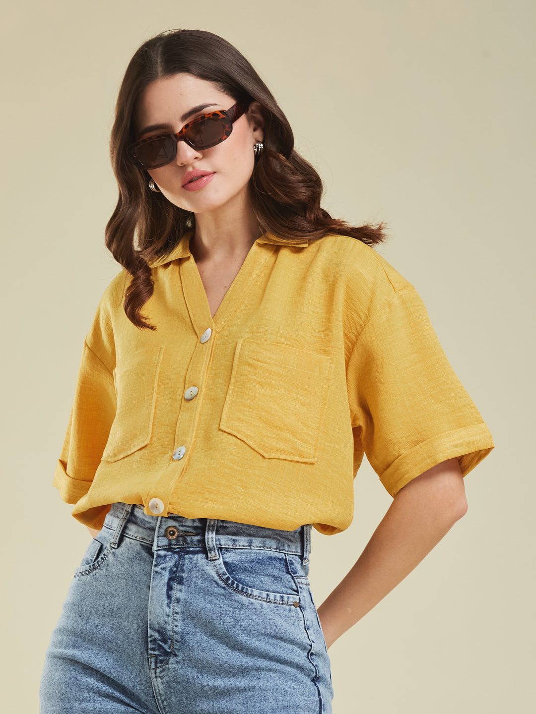 Women Yellow Cotton Blend Plain Regular Half Sleeve Shirt