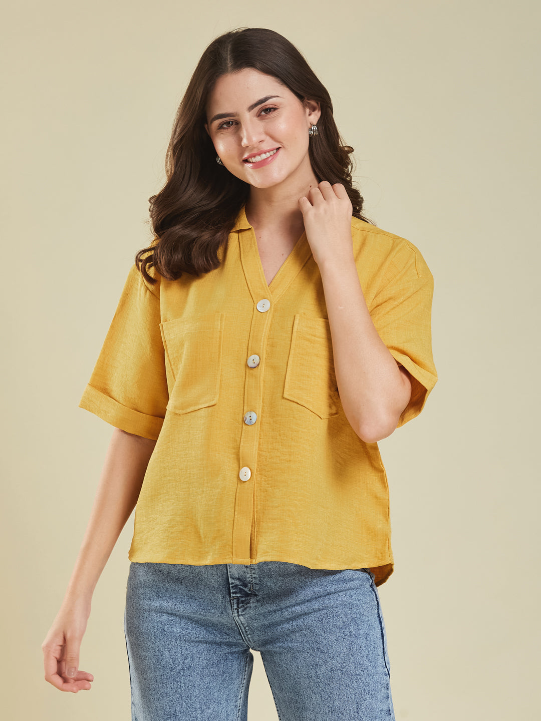 Women Yellow Cotton Blend Plain Regular Half Sleeve Shirt