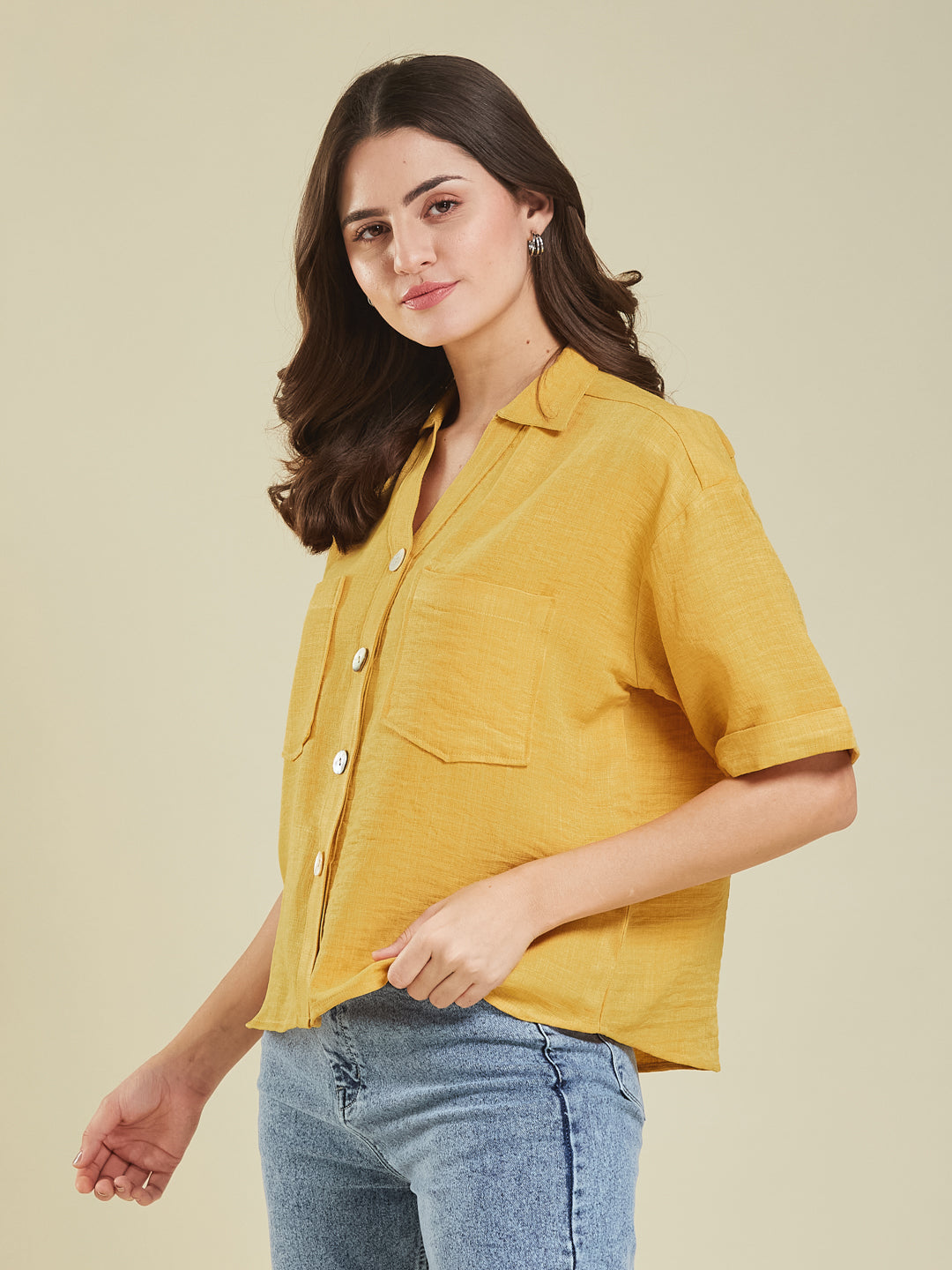 Women Yellow Cotton Blend Plain Regular Half Sleeve Shirt