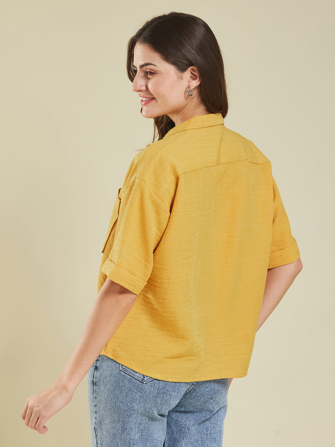 Women Yellow Cotton Blend Plain Regular Half Sleeve Shirt
