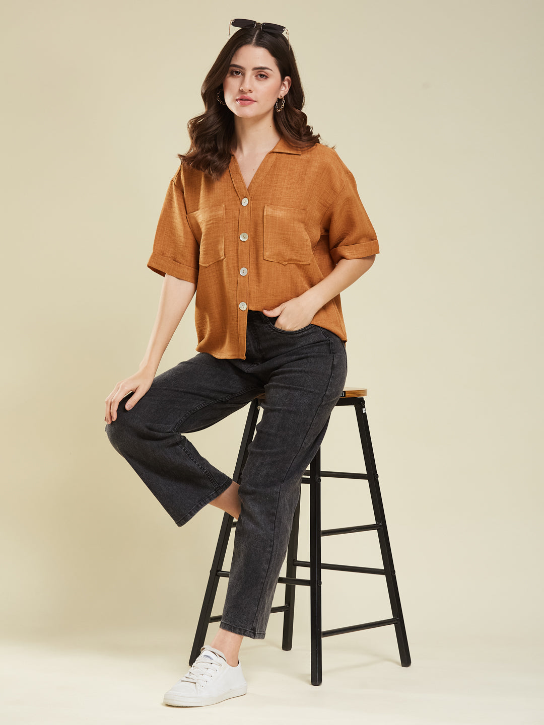Women Caramel Cotton Blend Plain Regular Half Sleeve Shirt