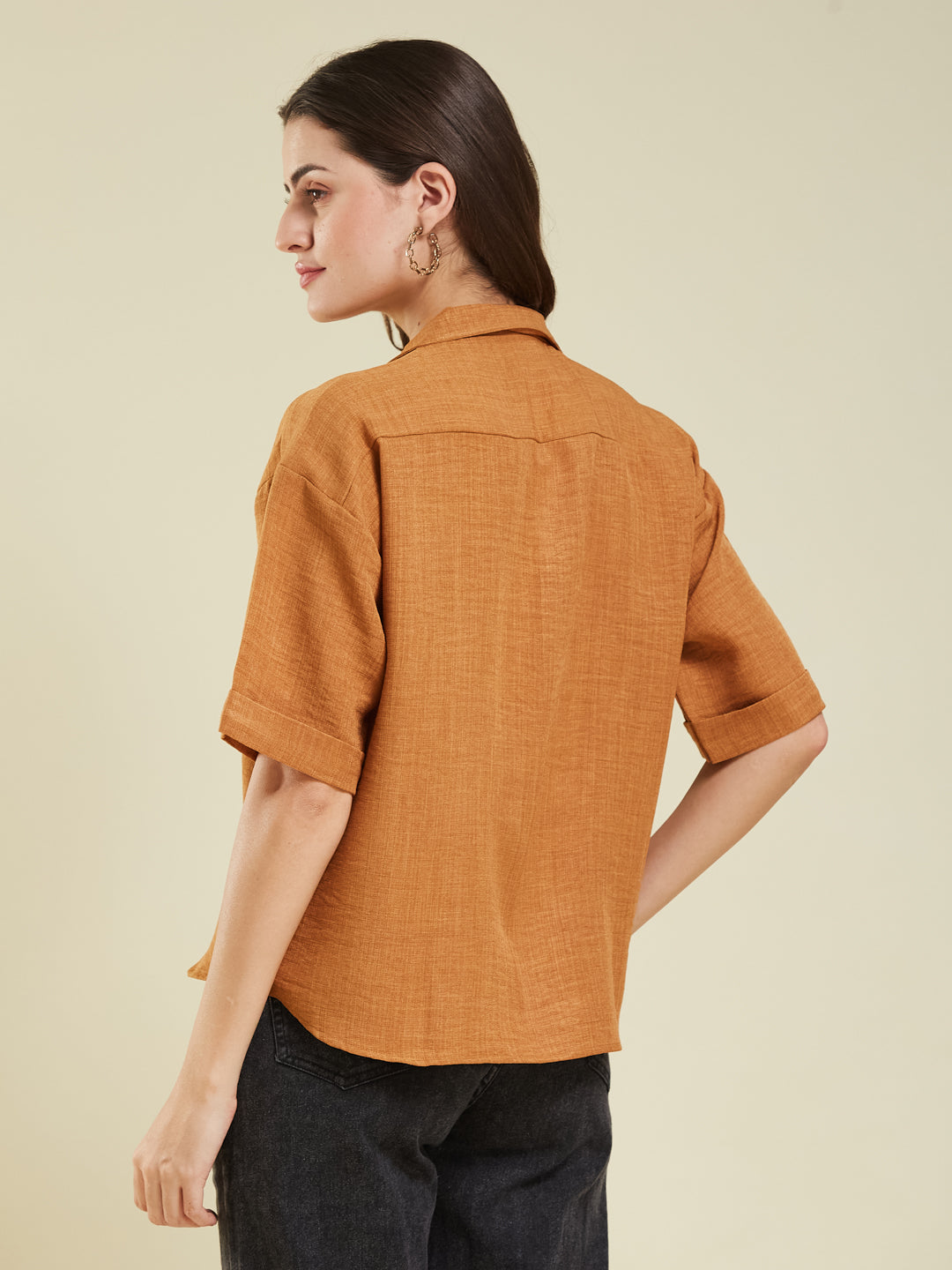 Women Caramel Cotton Blend Plain Regular Half Sleeve Shirt