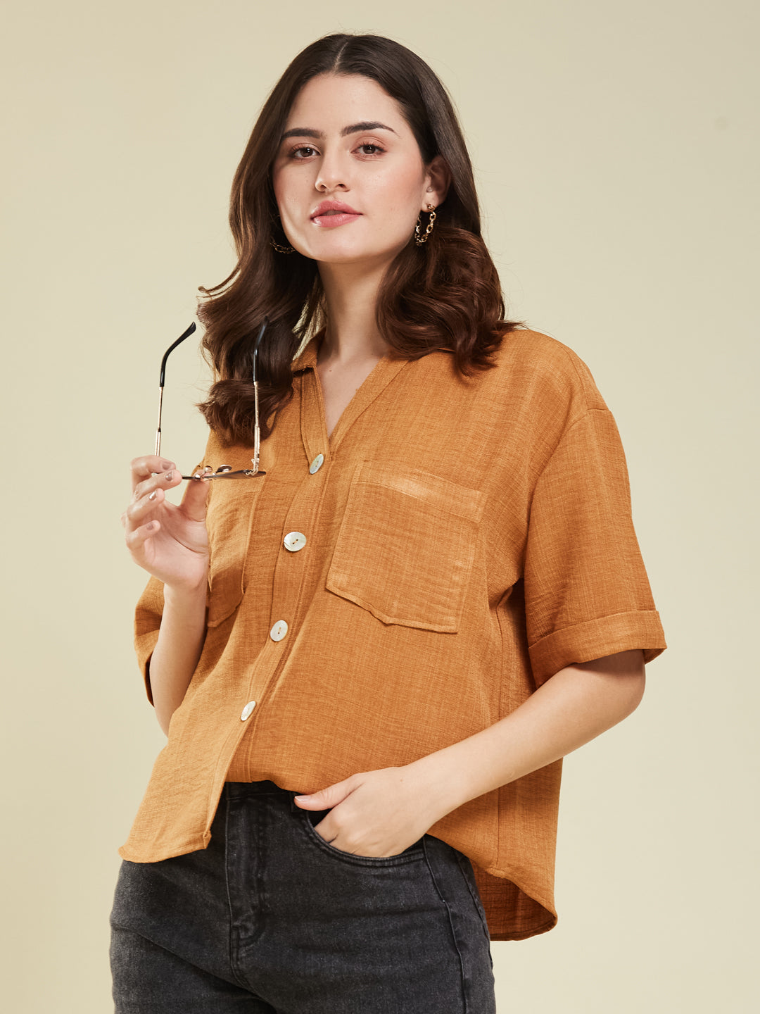 Women Caramel Cotton Blend Plain Regular Half Sleeve Shirt