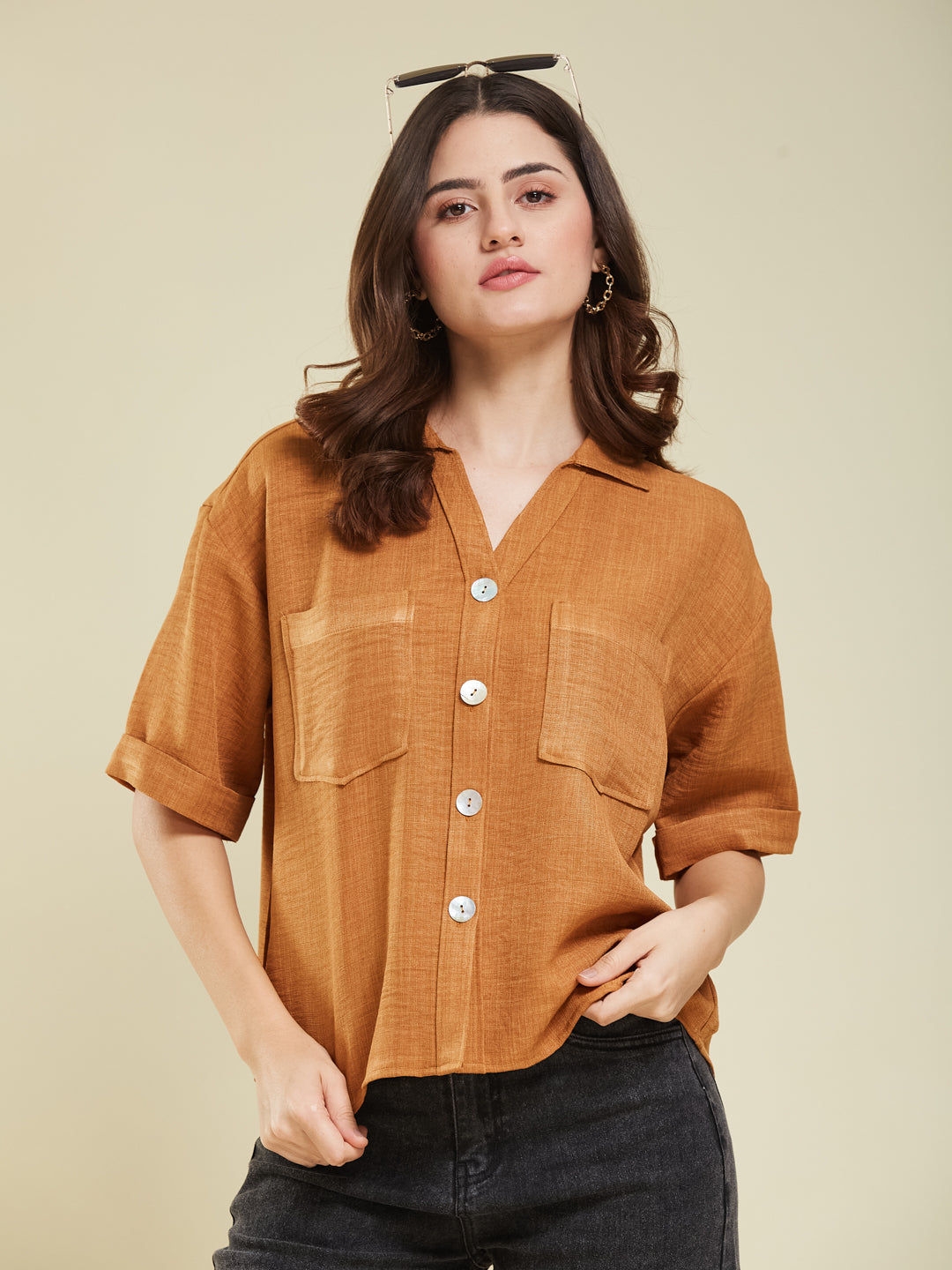 Women Caramel Cotton Blend Plain Regular Half Sleeve Shirt