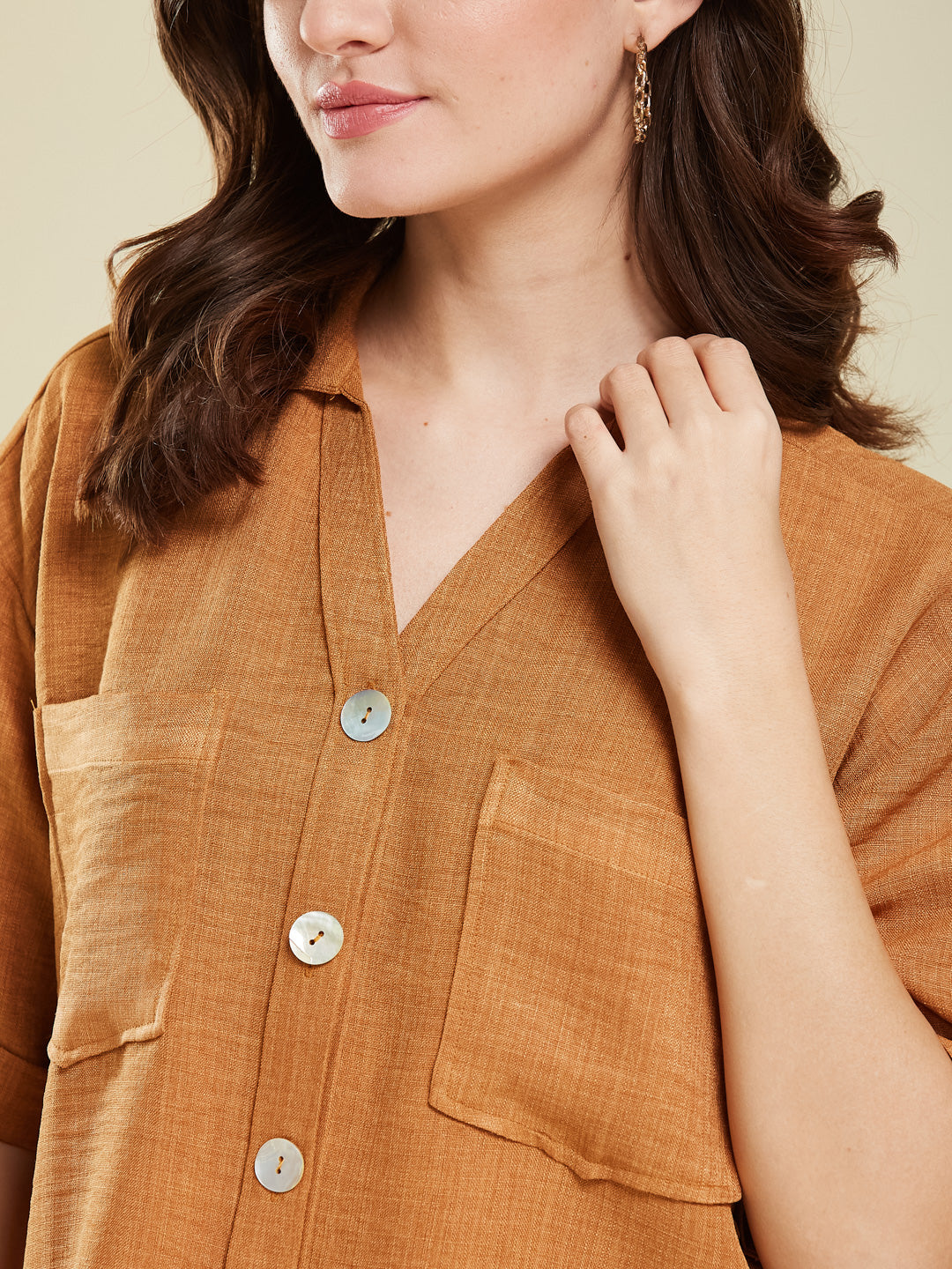 Women Caramel Cotton Blend Plain Regular Half Sleeve Shirt