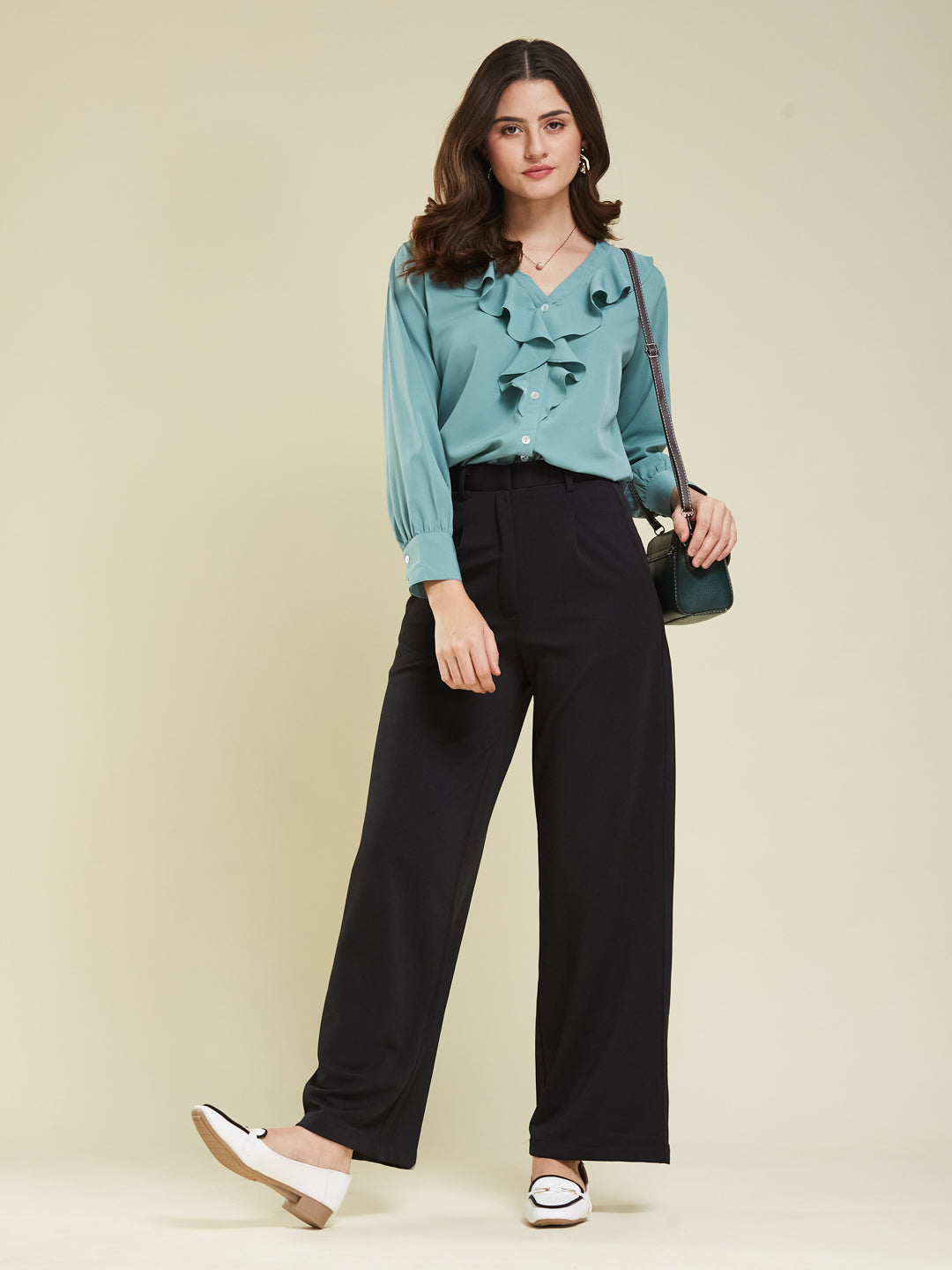 Women's Mint Polyester Plain Regular Full sleeve Shirt