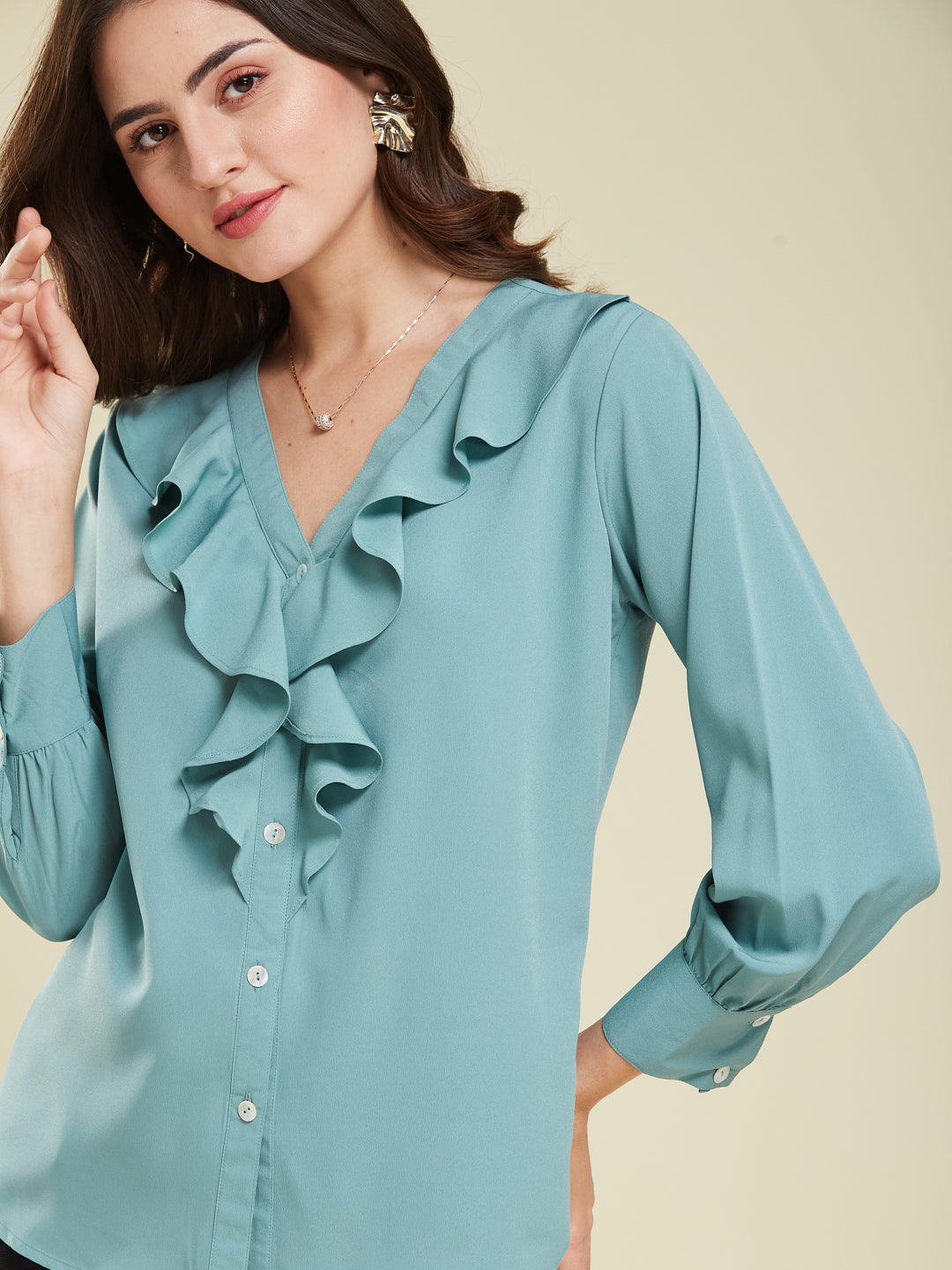 Women's Mint Polyester Plain Regular Full sleeve Shirt