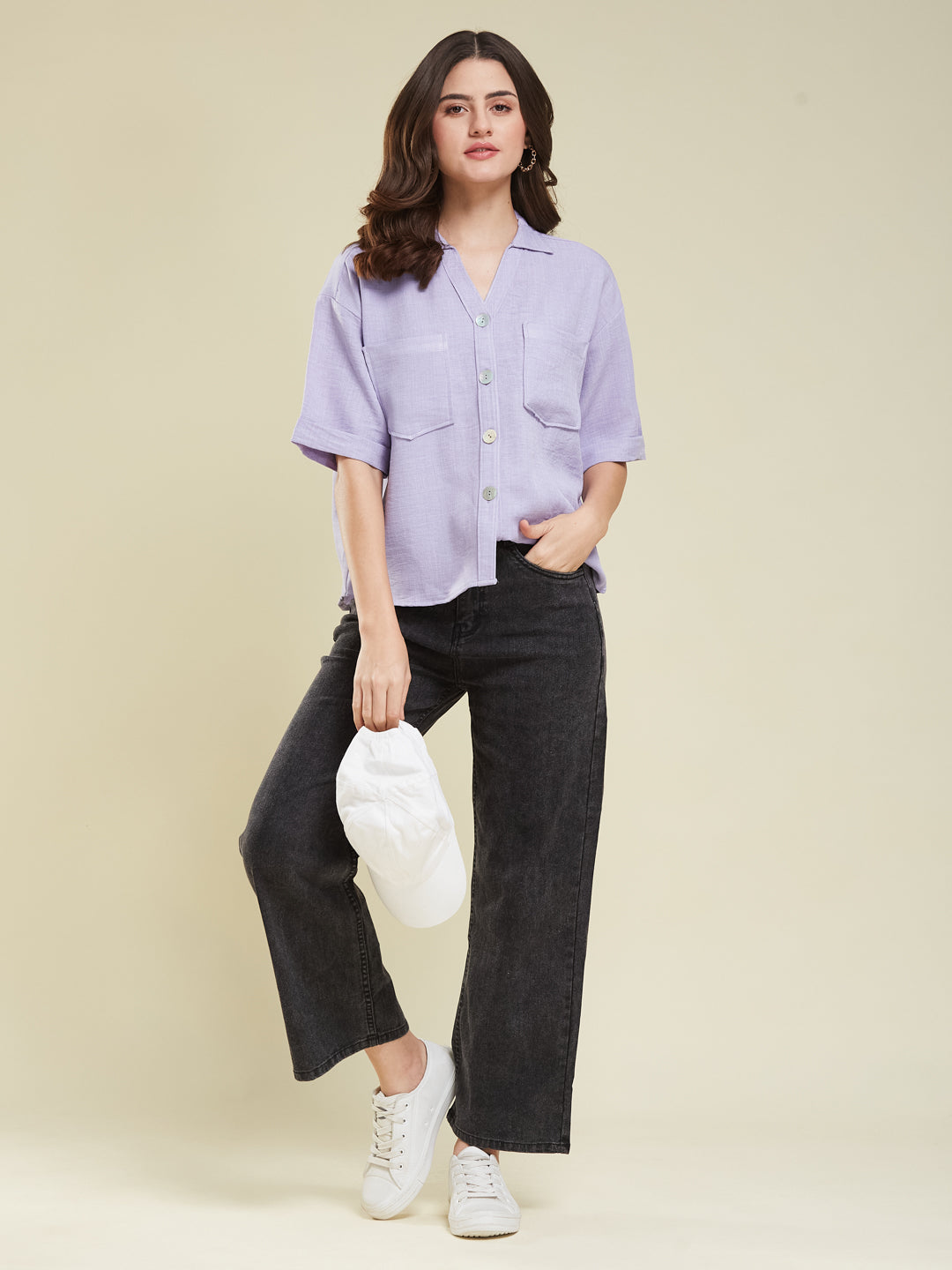 Women Lavender Cotton Blend Plain Regular Half Sleeve Shirt