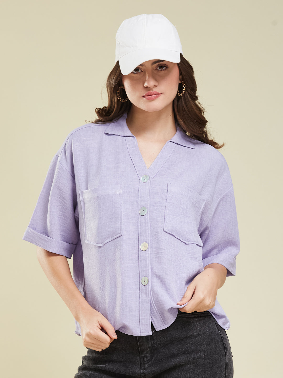 Women Lavender Cotton Blend Plain Regular Half Sleeve Shirt