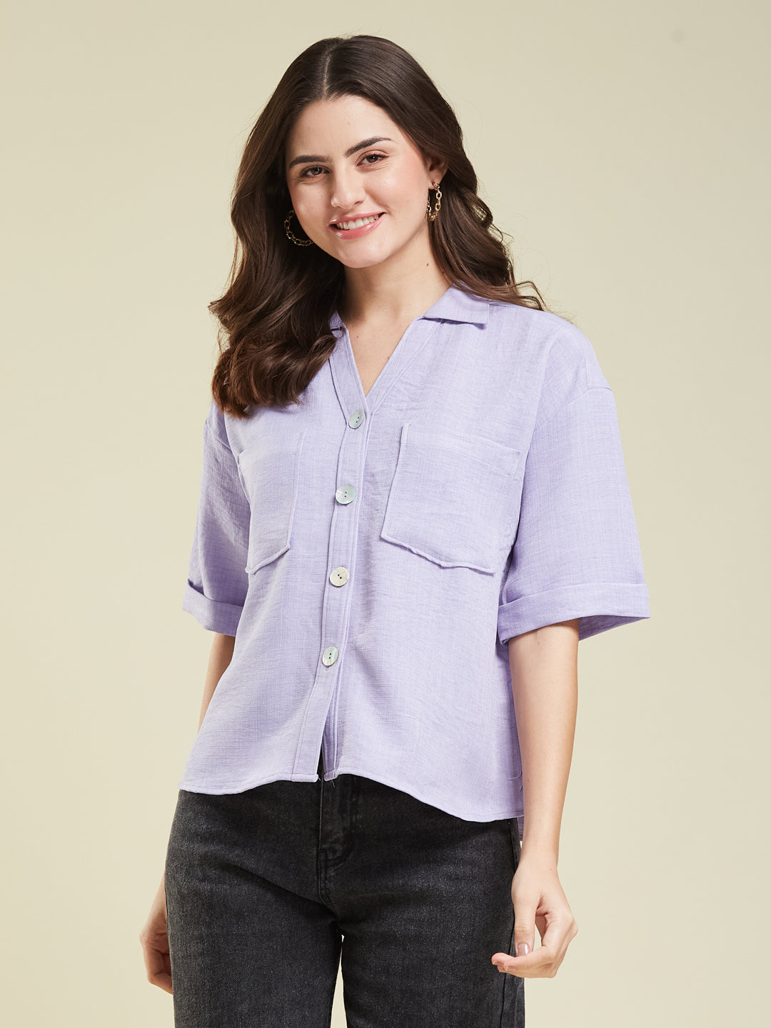 Women Lavender Cotton Blend Plain Regular Half Sleeve Shirt