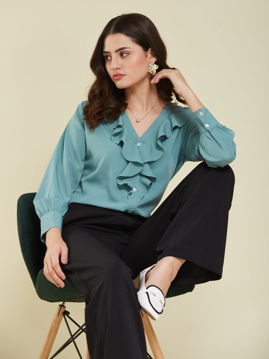 Women's Mint Polyester Plain Regular Full sleeve Shirt