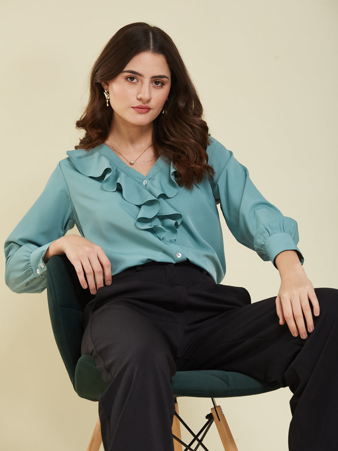 Women's Mint Polyester Plain Regular Full sleeve Shirt