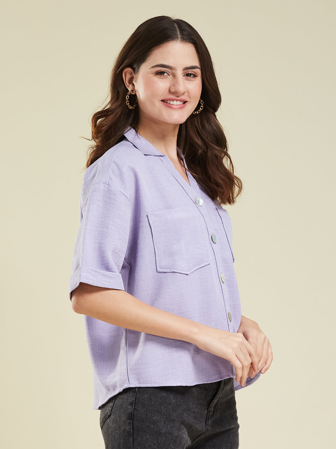 Women Lavender Cotton Blend Plain Regular Half Sleeve Shirt