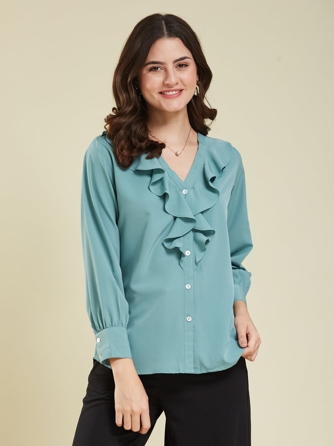 Women's Mint Polyester Plain Regular Full sleeve Shirt