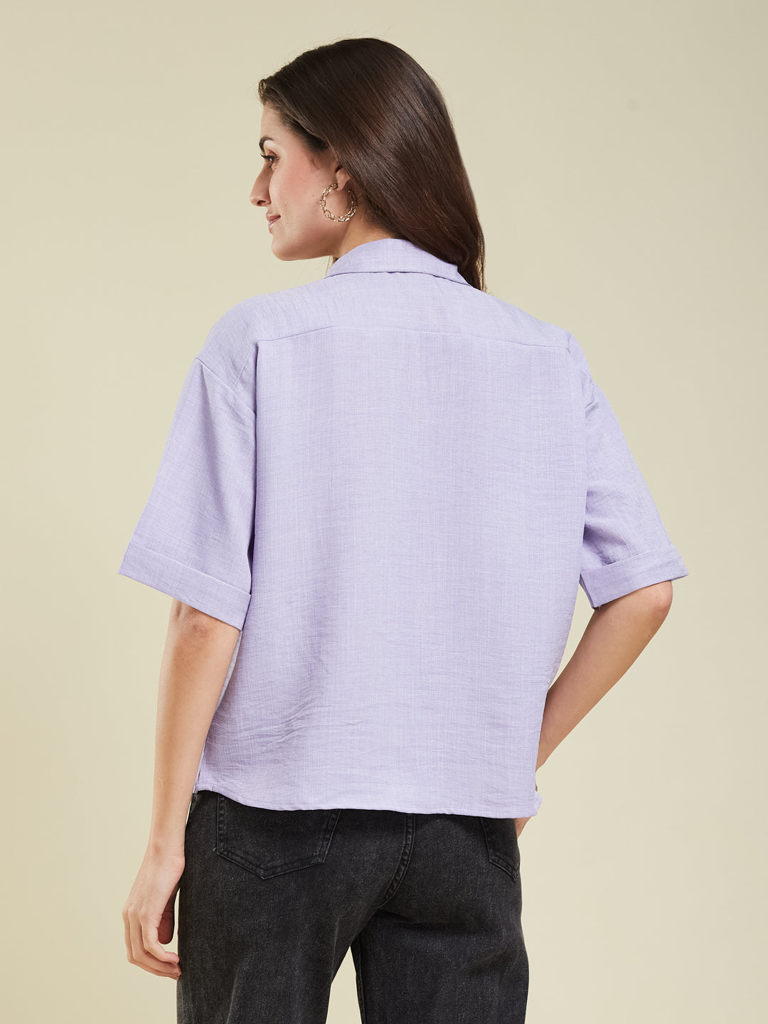 Women Lavender Cotton Blend Plain Regular Half Sleeve Shirt