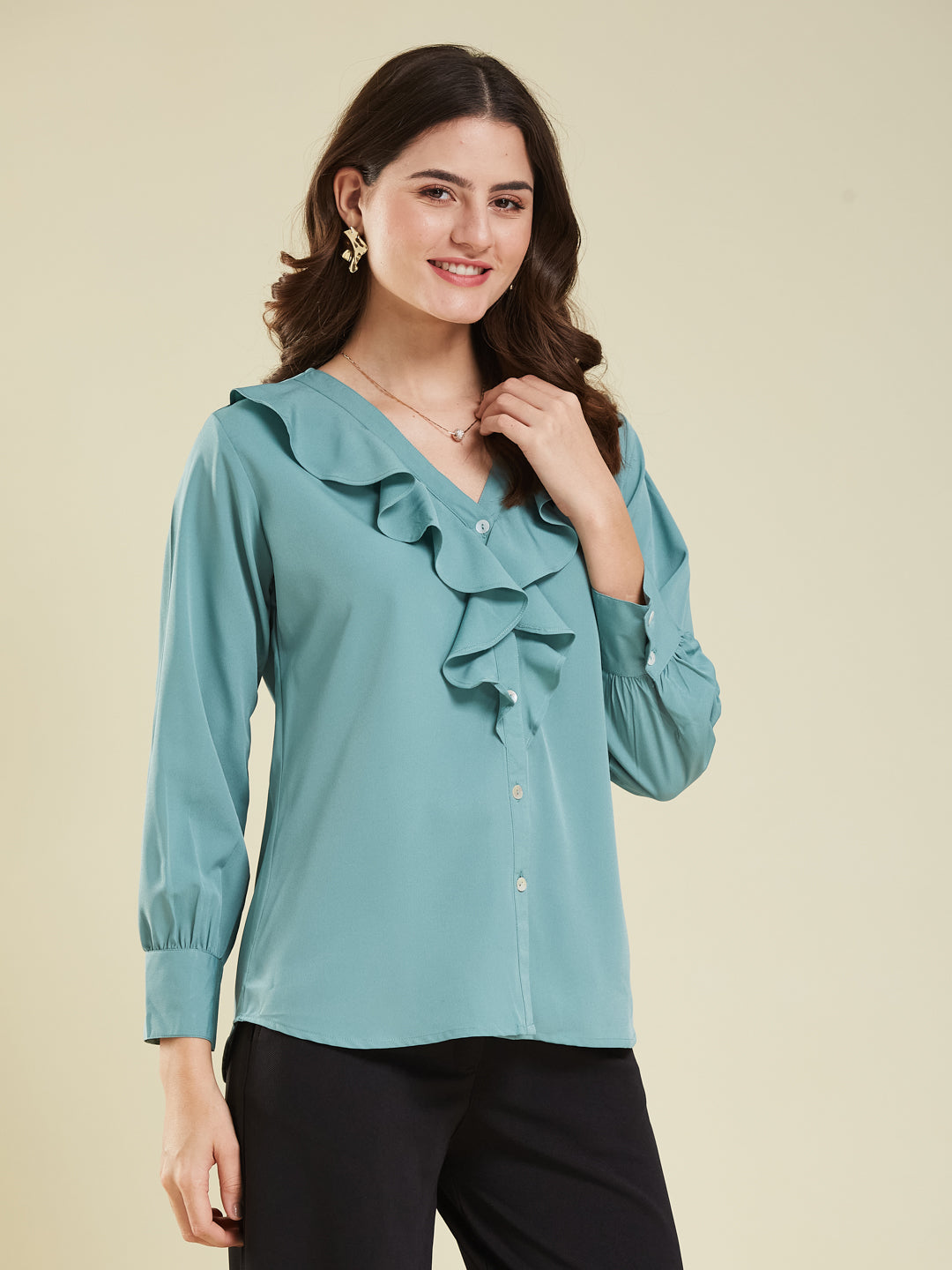 Women's Mint Polyester Plain Regular Full sleeve Shirt