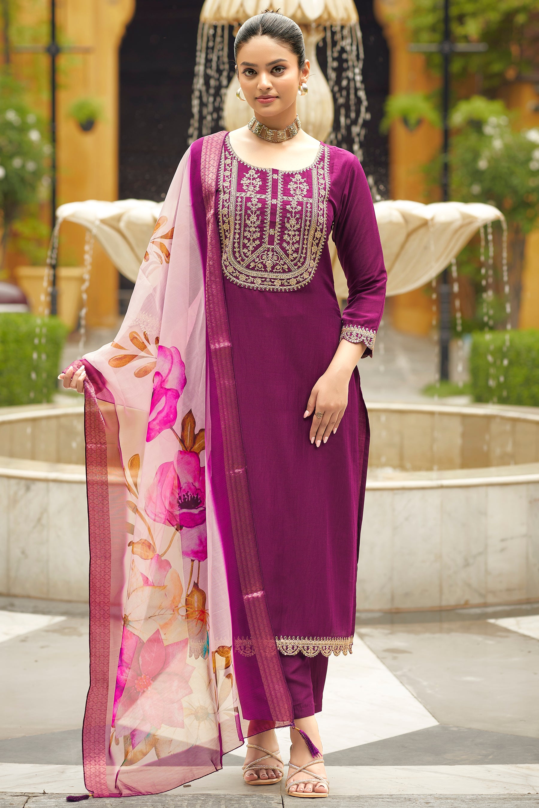 Wine Self Design Chinon Straight Kurta With Printed Dupatta