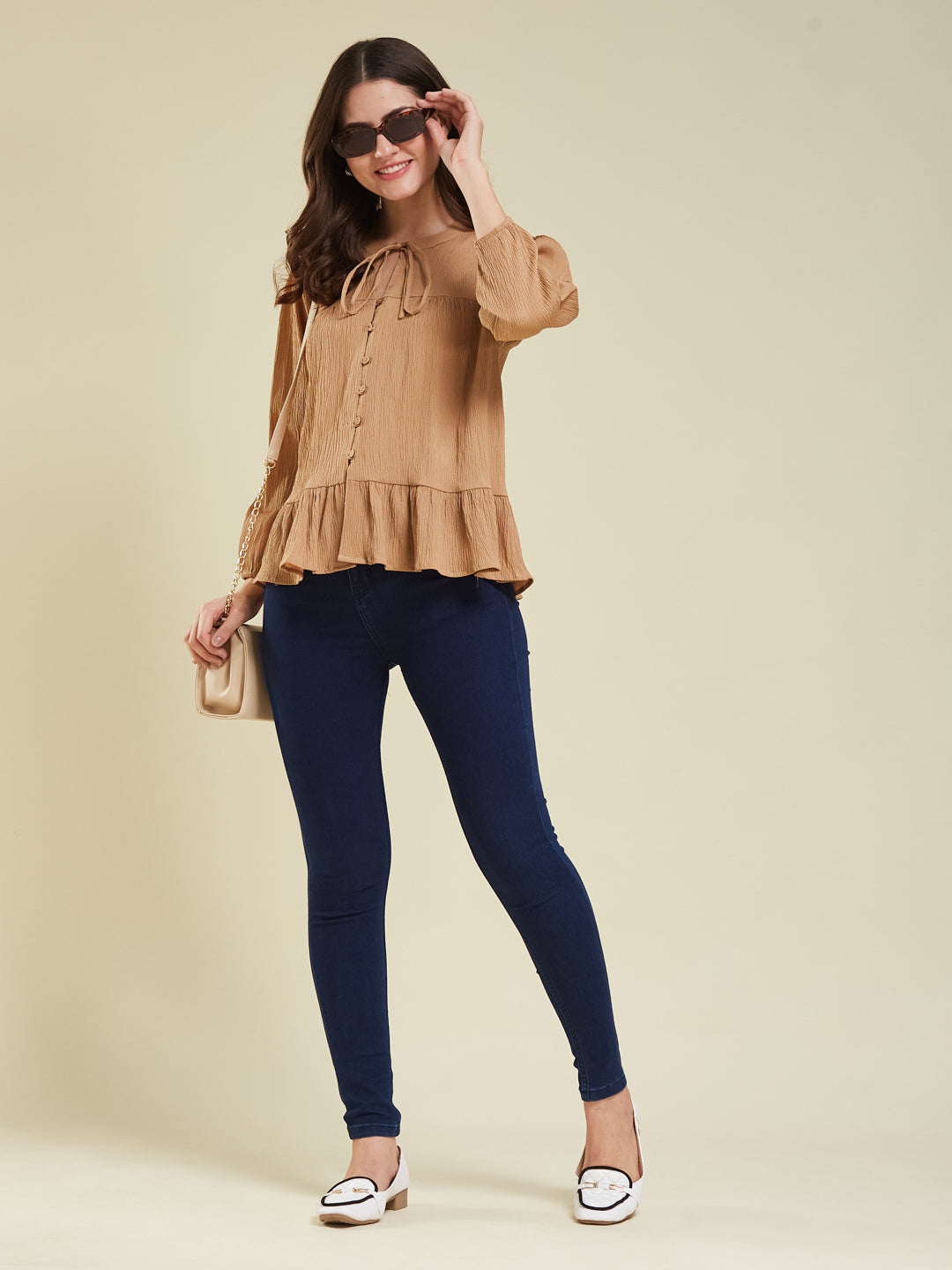 Brown Crinkled Peplum Top with Tie-Up Neck